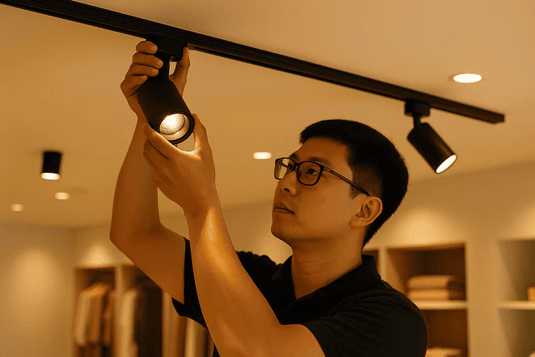 High-quality commercial lighting fixture installation by a professional technician.